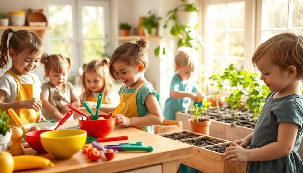 Actividades prácticas en la cocina para niños y jardinería educativa.