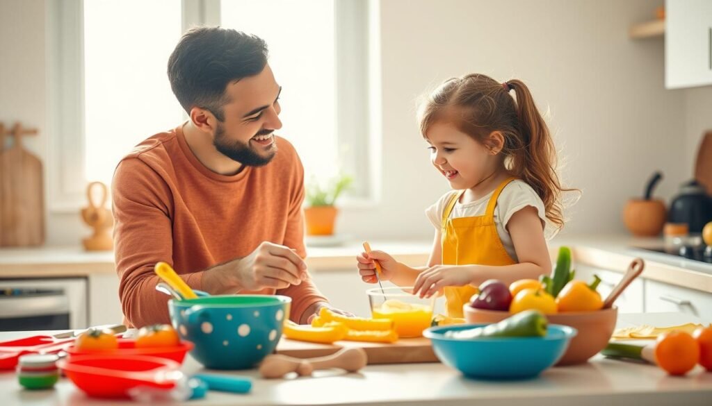 participación de los padres en la cocina en familia